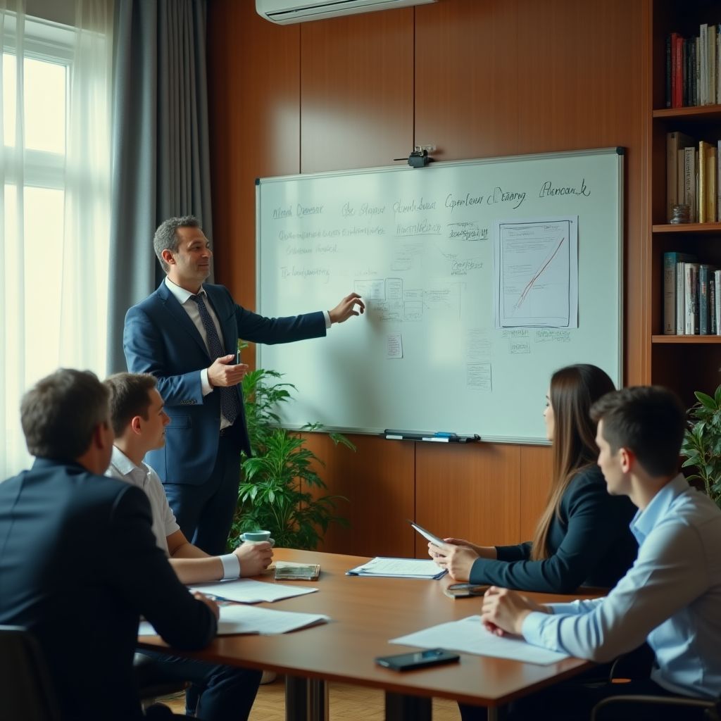 Koçluk oturumu sırasında beyaz tahtada strateji çalışması