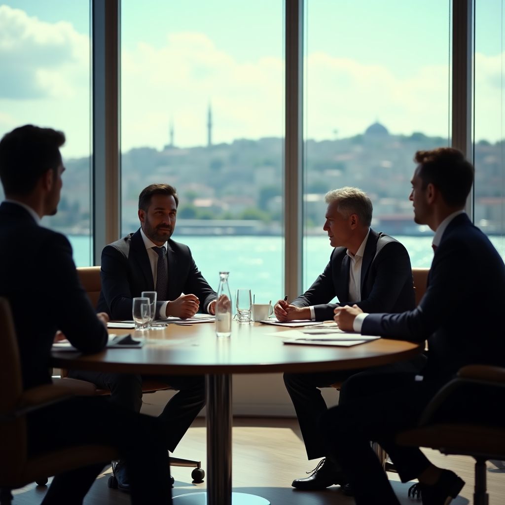 Boğaz manzaralı ofiste liderlik toplantısı