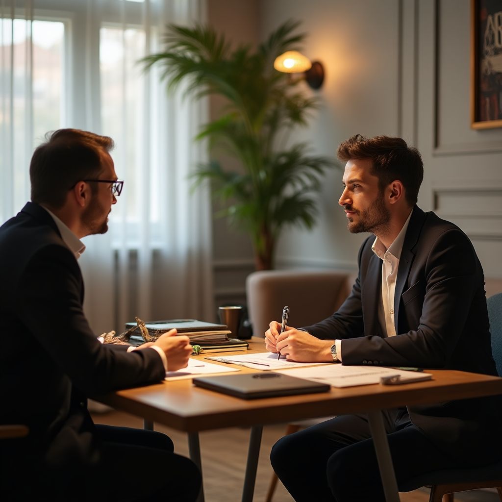 İki iş profesyoneli masada oturmuş notlar alırken