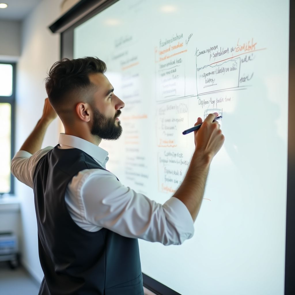 Beyaz tahtada stratejik planlama yapan iş koçu